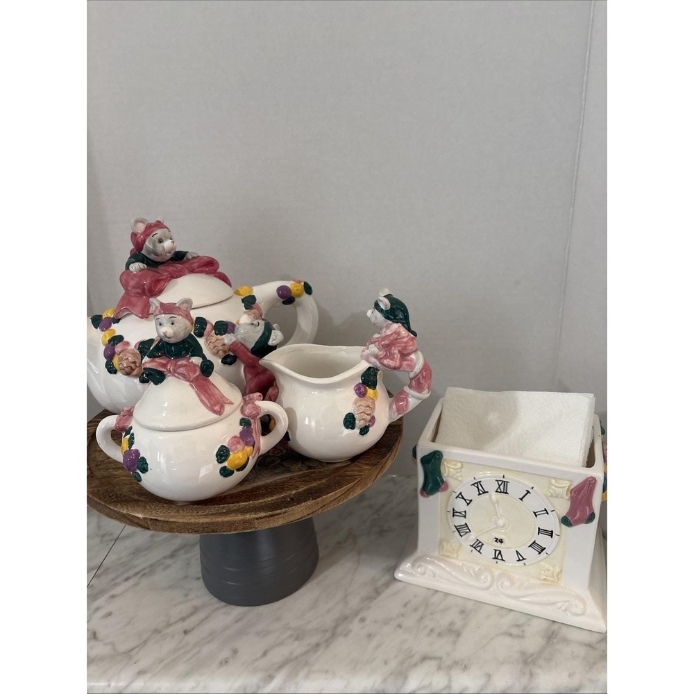 Cat Mouse Applause Inc 5 Pc Set Tea Pot Creamer Napkin Holder‎ Lids Clock Pink